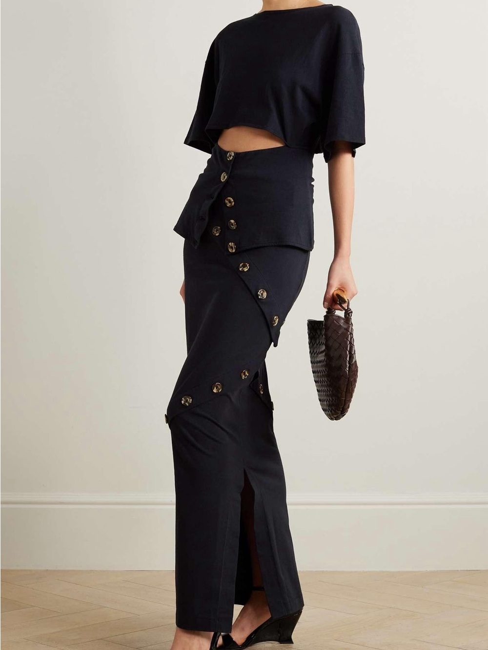 A.W.A.K.E. Mode Black Button Asymmetric Maxi Skirt S Organic Cotton - Picture 2 of 6